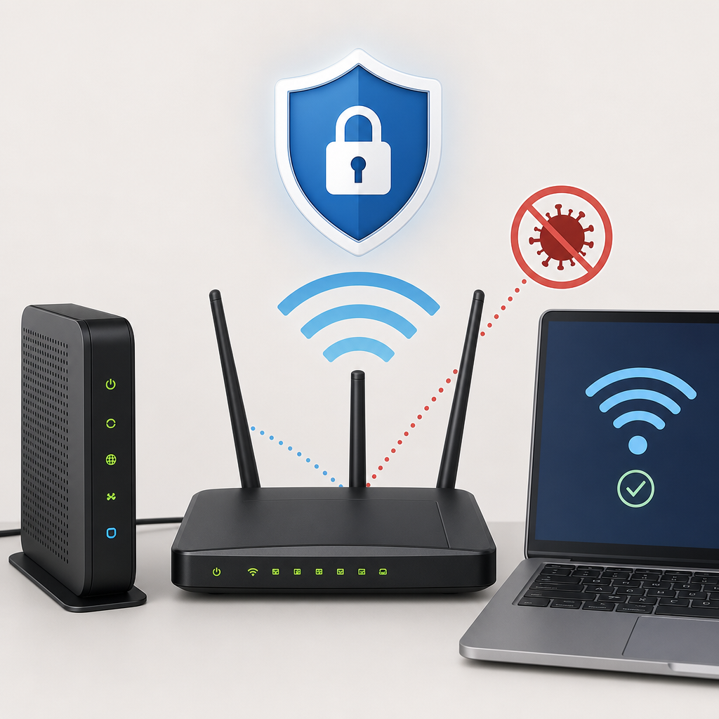 Clean high-contrast illustration of a home Wi-Fi router beside a modem and laptop, with secure network shield, subtle malware warning symbol, neutral background, no logos or people