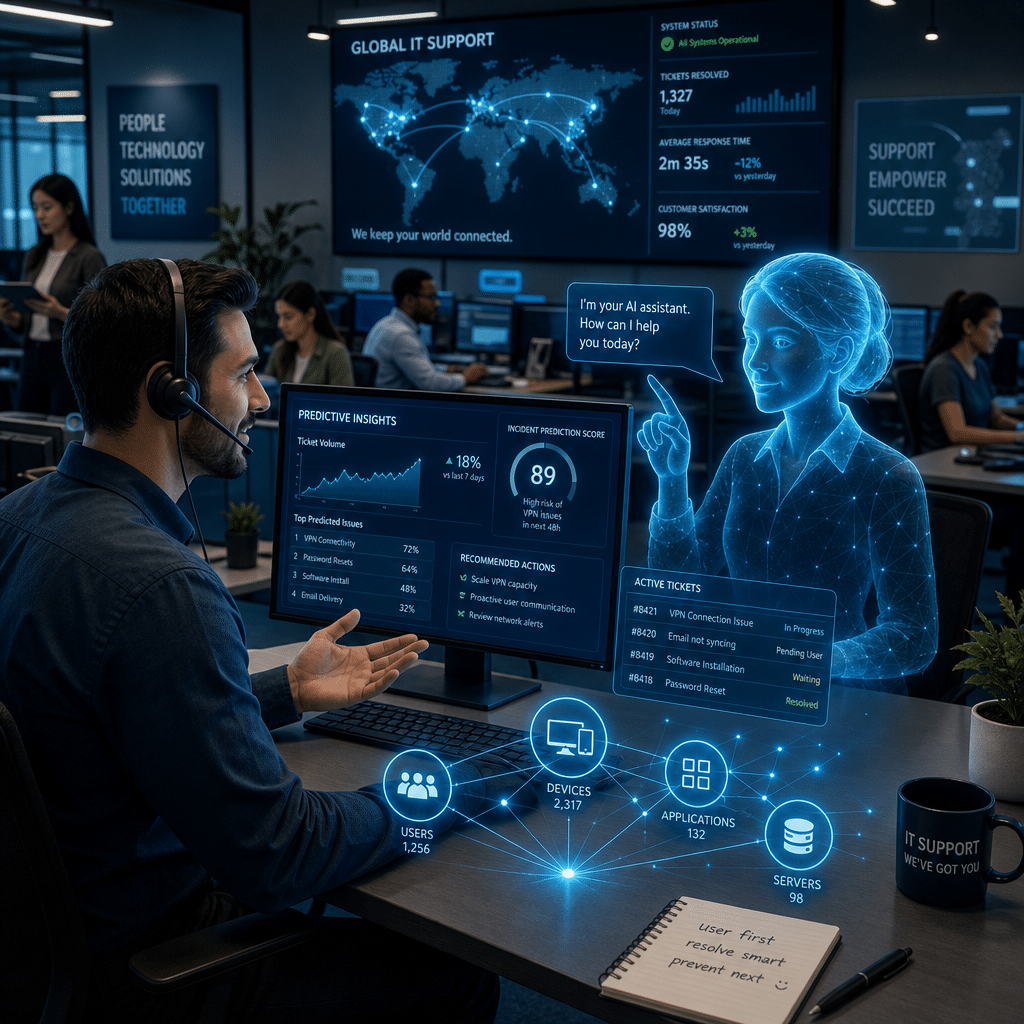 Modern IT support desk with a human technician collaborating with an AI holographic assistant, glowing network connections, predictive analytics dashboard, diverse office environment, professional blue palette