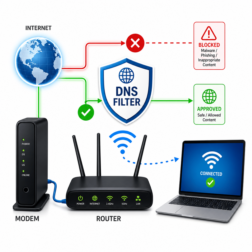 Clean high-contrast illustration of a home router and modem beside a laptop, Wi-Fi signal passing through a DNS filter shield from blocked red path to approved green connection.