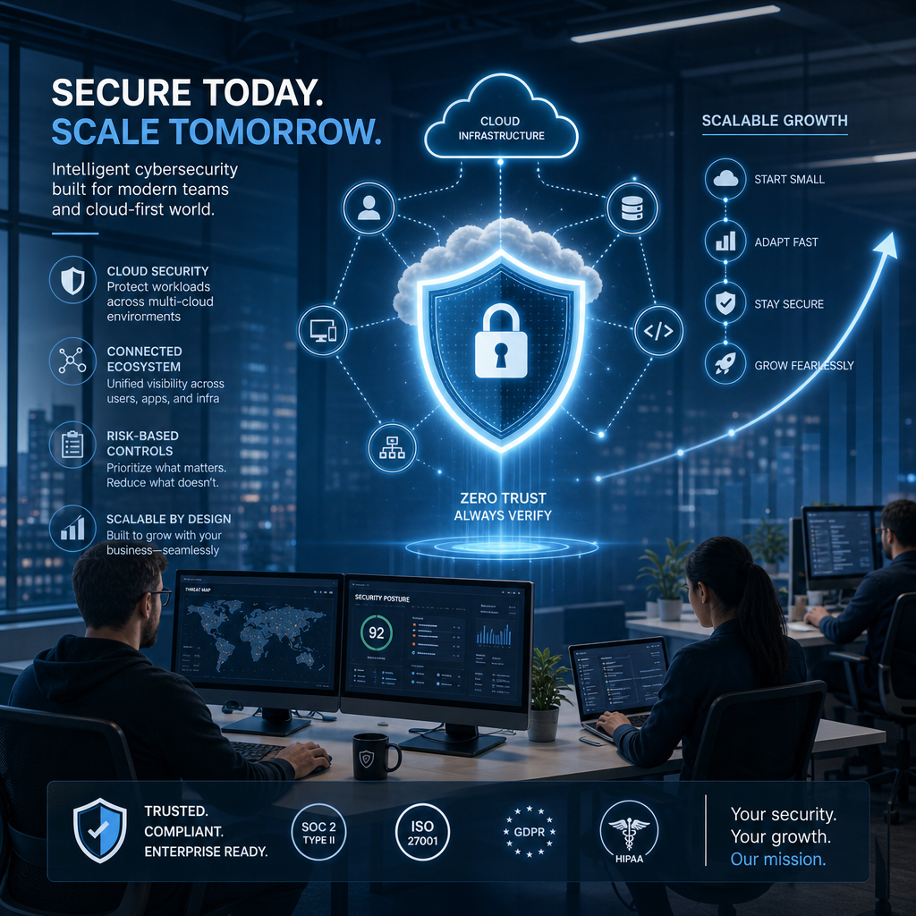 Modern startup cybersecurity workspace with a glowing shield protecting cloud systems, connected nodes, risk-based controls, and scalable growth, clean professional blue technology aesthetic.