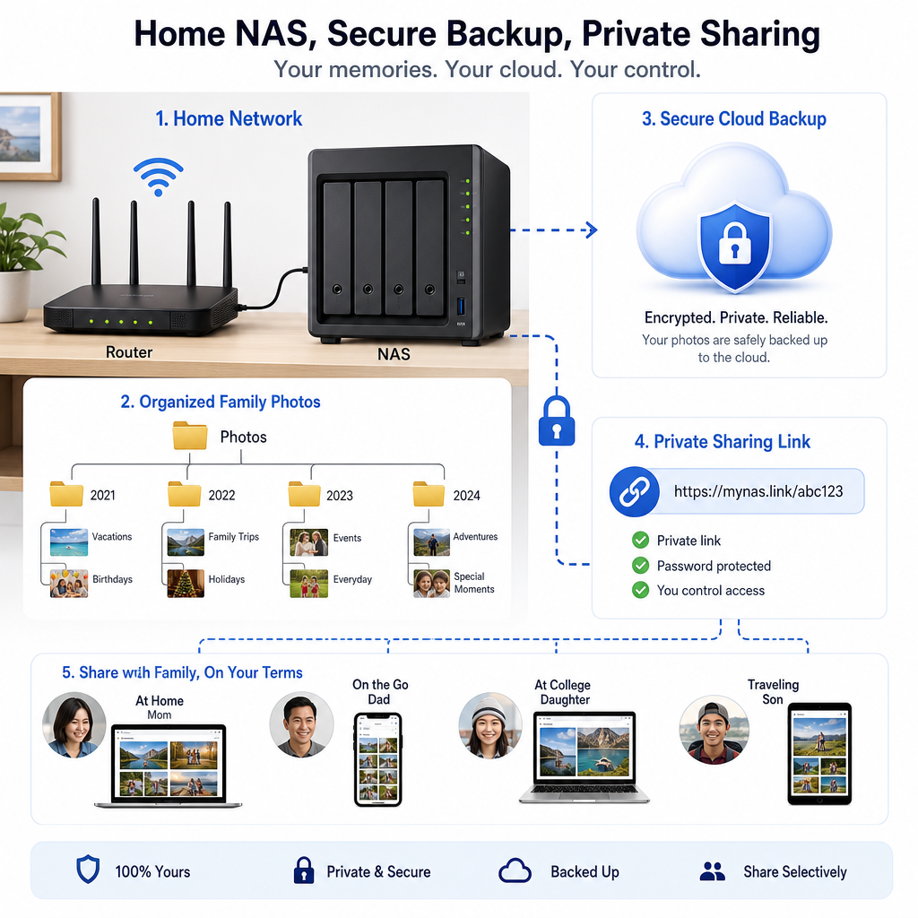 Clean high-contrast illustration of a home NAS connected to a router, with organized family photo folders flowing to a secure cloud backup and private sharing link.