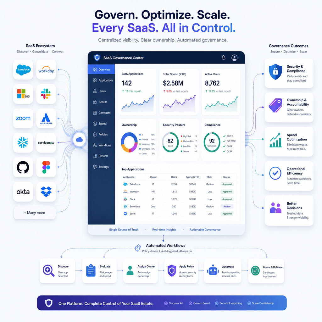 Modern editorial illustration of SaaS governance: organized cloud app icons flowing through a central dashboard, with analytics, security shields, ownership tags, and automated workflows, clean blue-purple corporate style